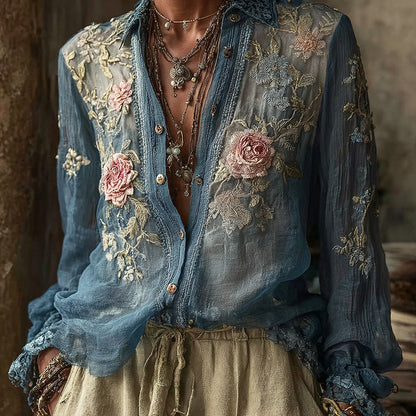 Women's Vintage Bohemian Floral Pattern Linen Long Sleeve Shirt artswardrobe