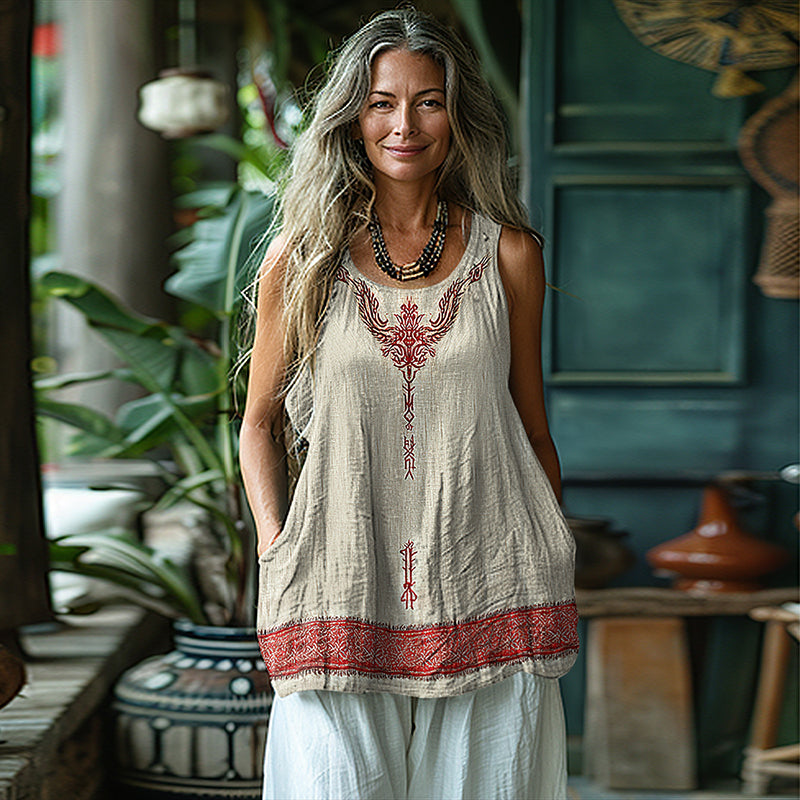 Women's Vintage Viking Dragon Print Cotton And Linen Vest artswardrobe