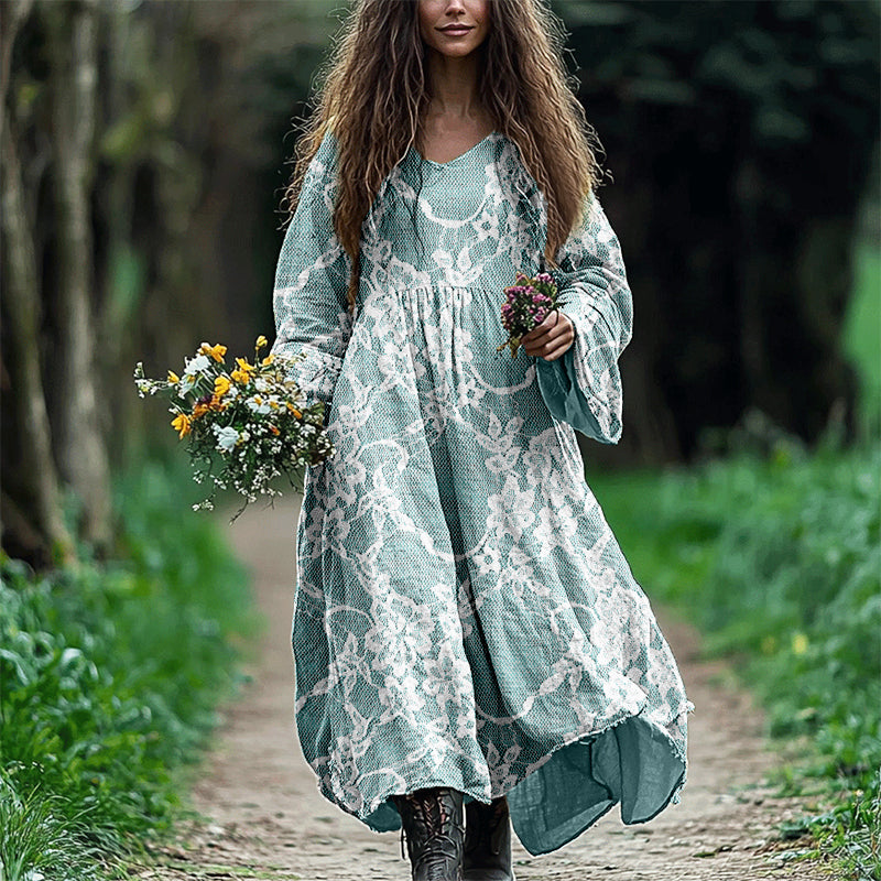 Vintage Floral Lace Linen Blend Flowy Maxi Dress artswardrobe