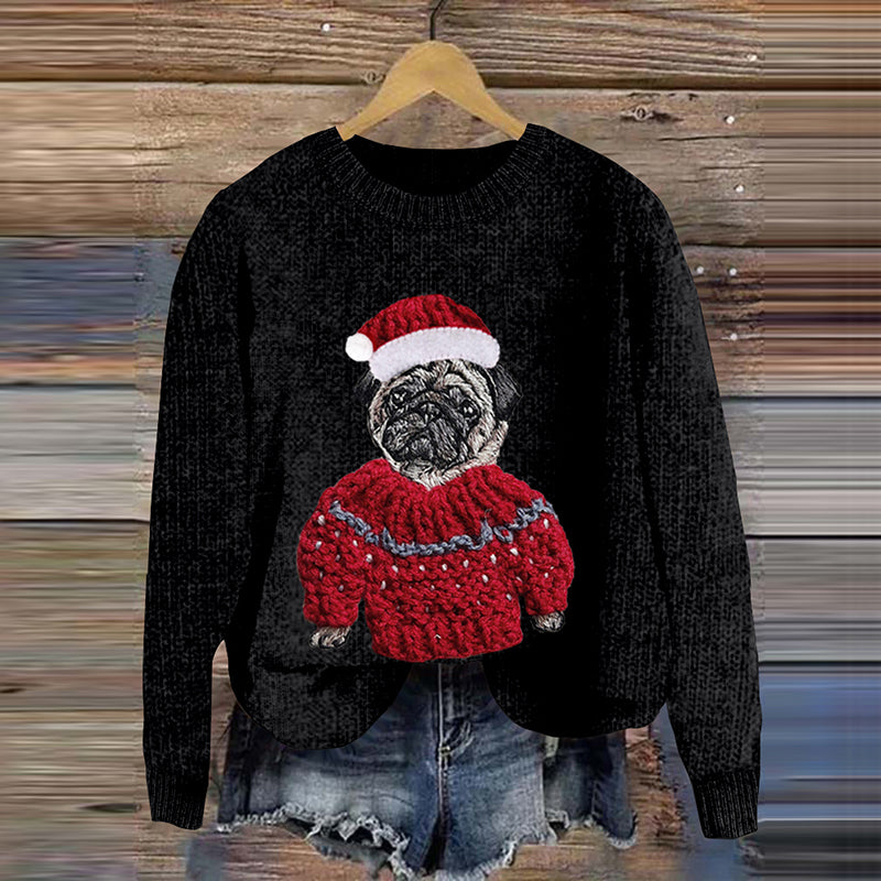 Comstylish Women's Christmas Pug Applique Art Cozy Sweater