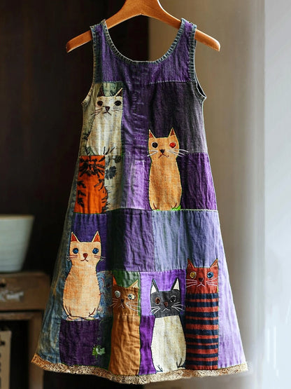 Casual Pop Art Patchwork Denim Cat Dress elevenforest