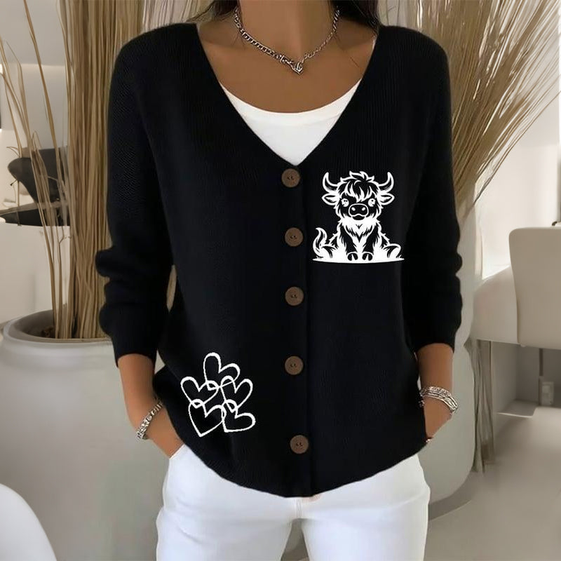 Women's Highland Cow Print V-neck Knit Cardigan artswardrobe