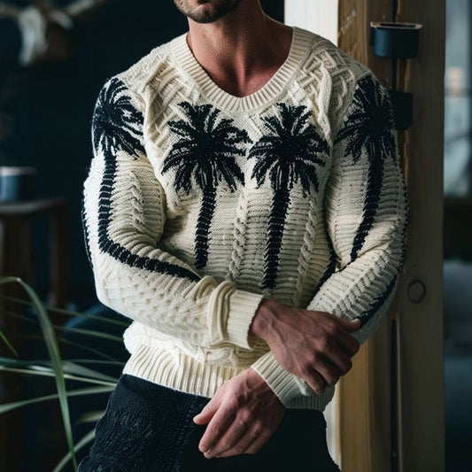 Men'S Coconut Tree Knitted Graphic Art Cozy Knit Sweater elevenforest