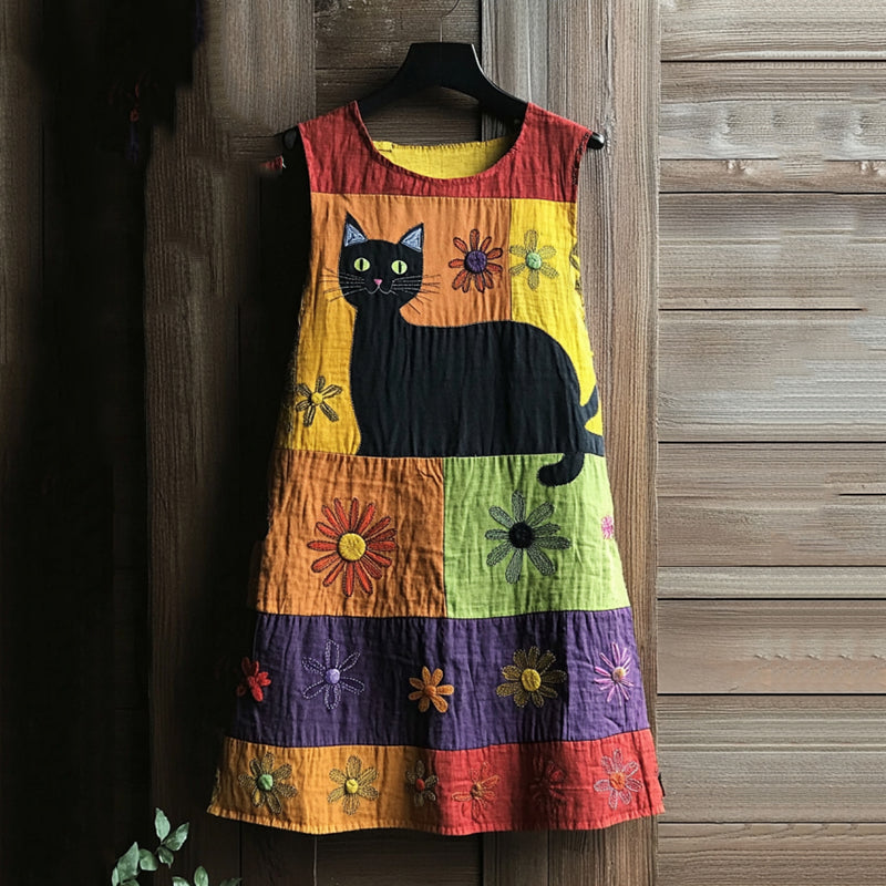 Vintage Black Cat Peeking With Floral Color Block Art Linen Tank Dress