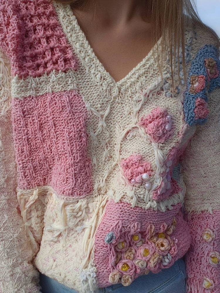 Vintage Pink Crochet Patchwork V Neck Cozy Knit Sweater artswardrobe