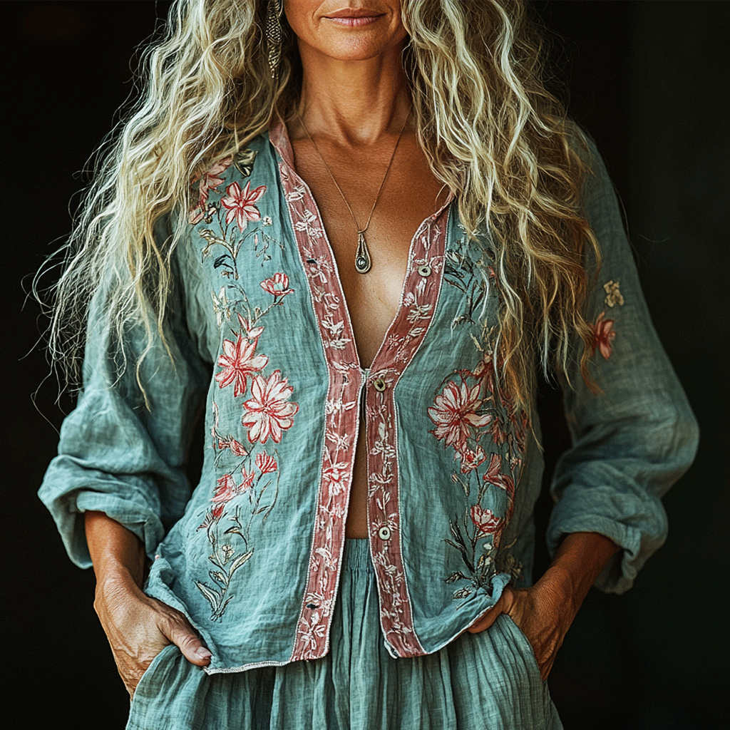 Bohemian Linen Floral Art Print  Long Sleeve Shirt artswardrobe