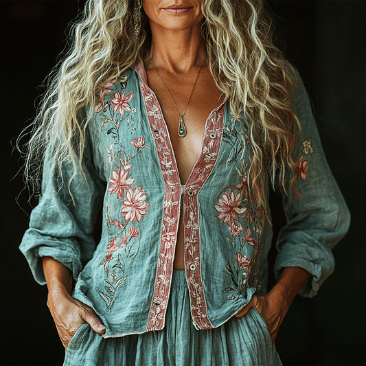 Bohemian Linen Floral Art Print  Long Sleeve Shirt artswardrobe