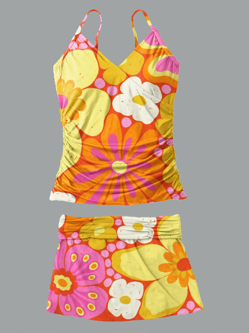 V-Neck Vintage Flowers Print Suspender Skirt Tankini Pantskirt Set Swimsuit