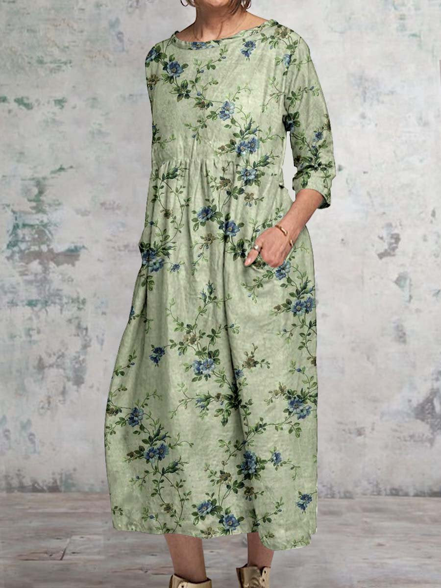 Women's Elegant Floral Classic Round Neck Cotton and Linen Dress
