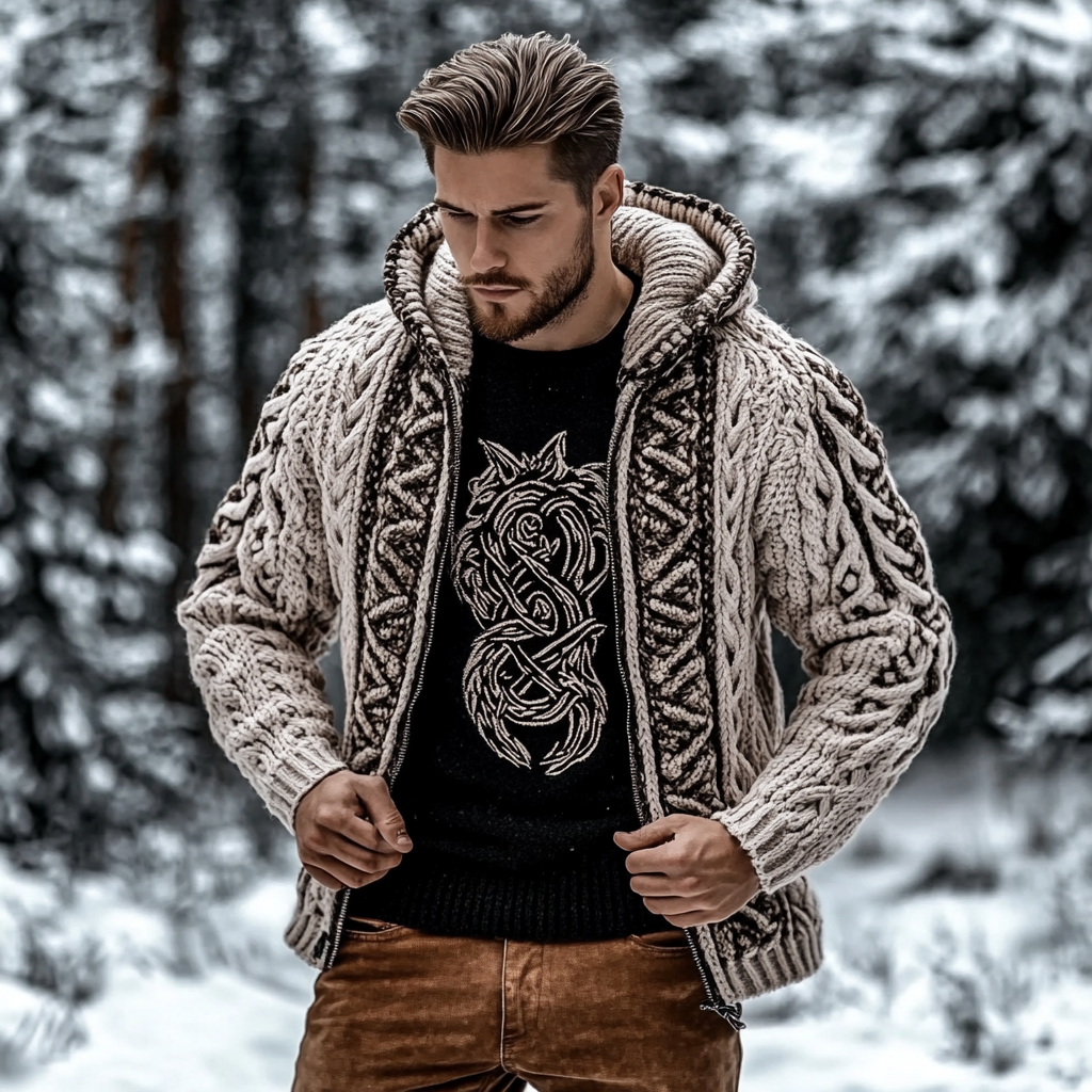Men's Viking Tribal Jacquard Celtic Chunky Knit Zipper Cardigan elevenforest