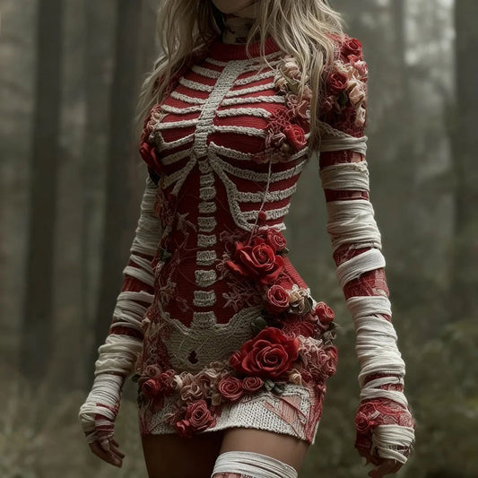Women's Vintage Red Rose Skeleton Art Cozy Knit Mini Sweater Dress artswardrobe