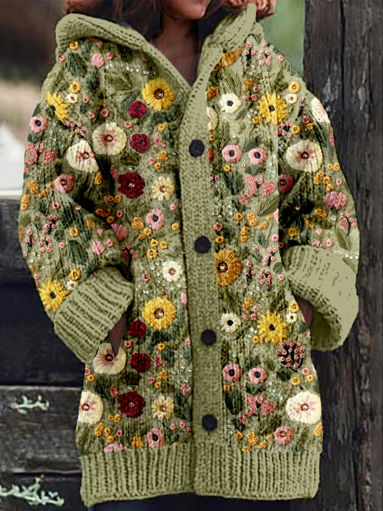 Boho Fall Floral Embroidery Cozy Hooded Cardigan artswardrobe