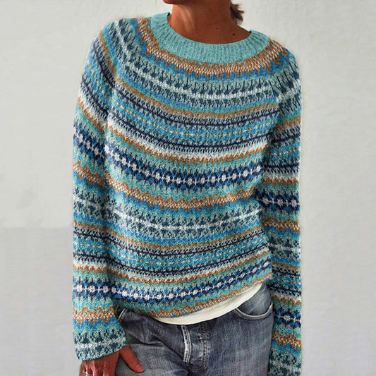 Vintage Icelandic Geometric Knit Pattern Women's Crew Neck Sweater elevenforest