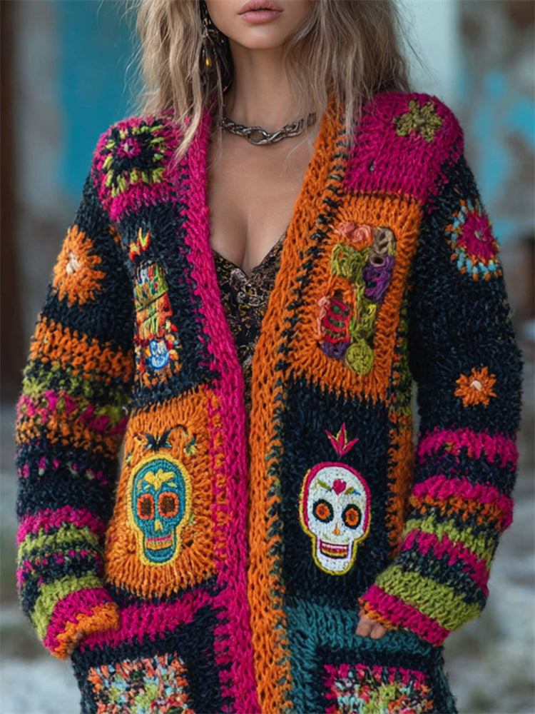 Day Of The Dead Sugar Skull Crochet Colorblock Cozy Knit Cardigan artswardrobe