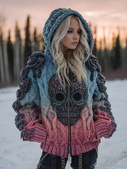 Women's Vintage Celtic Skull Gradient Art Cozy Knitted Hooded Cardigan artswardrobe