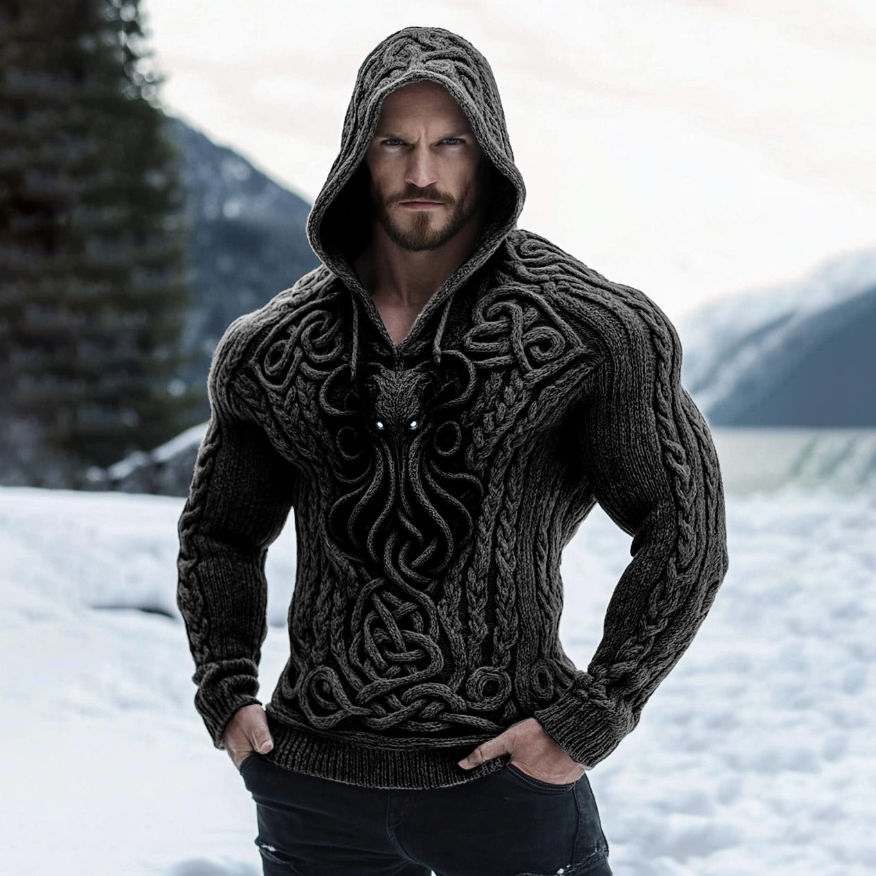 Men's Viking Style Cthulhu Octopus Jacquard Knit Hooded Sweater artswardrobe