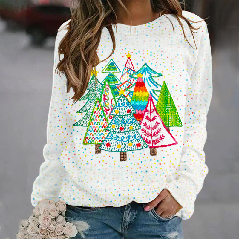 Comstylish Women's Colorful Christmas Tree Embroidery Print Casual Sweatshirt