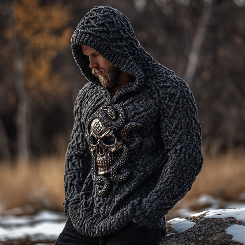 Men's Vintage Skull & Snake Chunky Hooded Sweater elevenforest