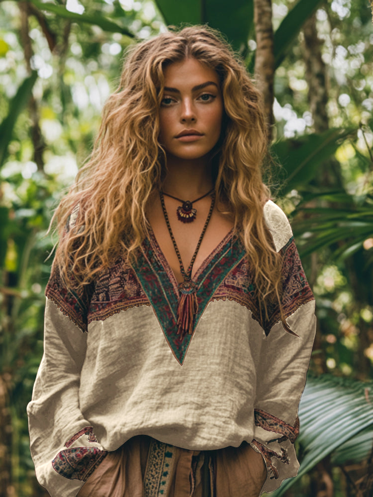 Retro Boho Tribal Embroidery Print Cotton And Linen Blend Loose Blouse artswardrobe