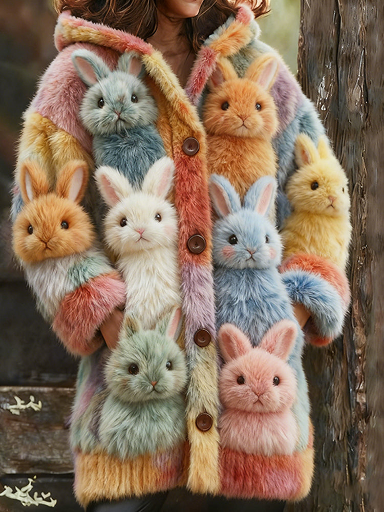 Comstylish Cute Rabbit Warm Hooded Long Cardigan