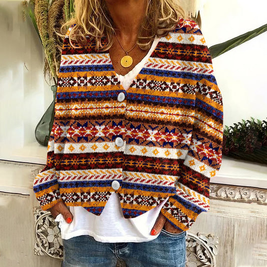 Vintage Stripes Icelandic Pattern V Neck Cozy Button Sweater elevenforest