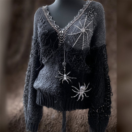 Vintage Gothic Crystal Spiders & Spiderweb Embroidered Cozy Sweater elevenforest