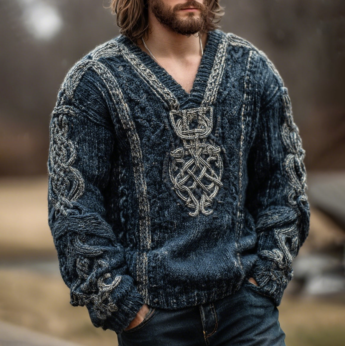 Men's Vintage Viking Celtic Knot Jacquard Knit V-neck Aran Sweater artswardrobe