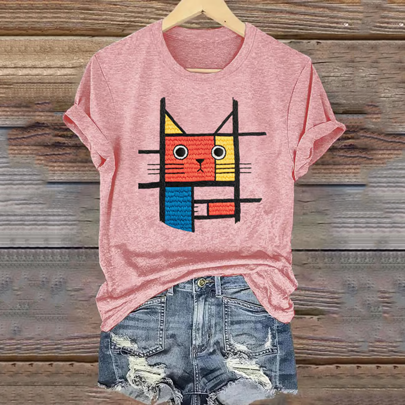 Abstract Creative Geometric  Cat Embroidered  Art Print Cotton Graphic T-shirt elevenforest