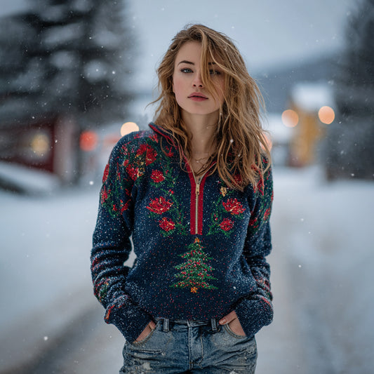 Comstylish Women's Christmas Tree Pattern Art Cozy Knit Half Zipped Sweater