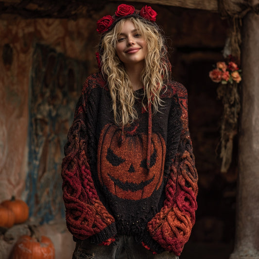 Women's Halloween Spooky Face Celtic Gradient Art Cozy Knitted Hooded Sweater elevenforest