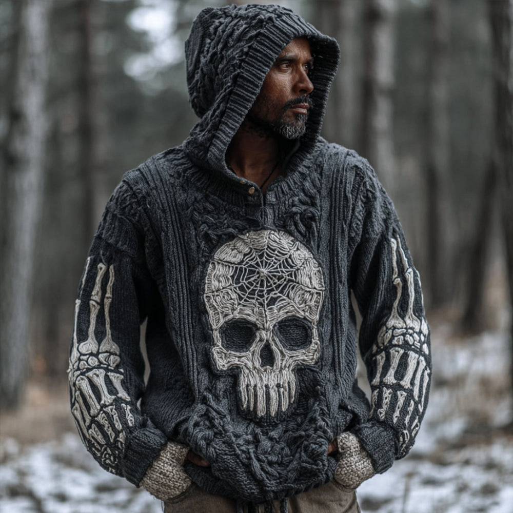 Men's Halloween Skeleton And Spider Web Embroidery Vintage Gray Sweater artswardrobe