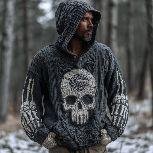 Men's Halloween Skeleton And Spider Web Embroidery Vintage Gray Sweater artswardrobe
