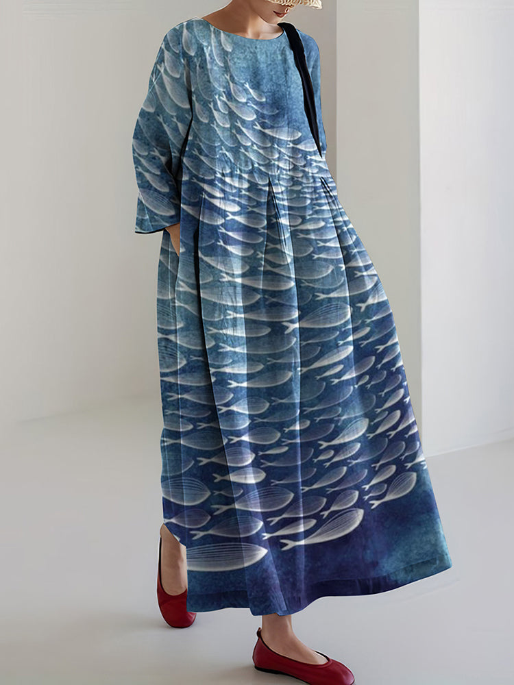 Women‘s School Fish Linen Blend Casual Maxi Dress