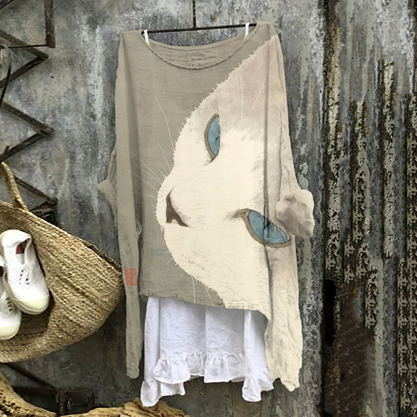 Comstylish Women's Vintage Cat Art Print Cotton And Linen Shirt