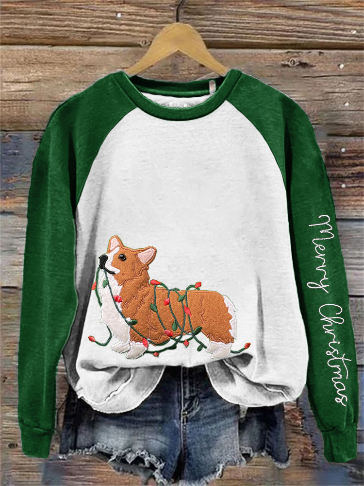 Comstylish Funny Christmas Corgi Dog Embroidered Raglan Sweatshirt