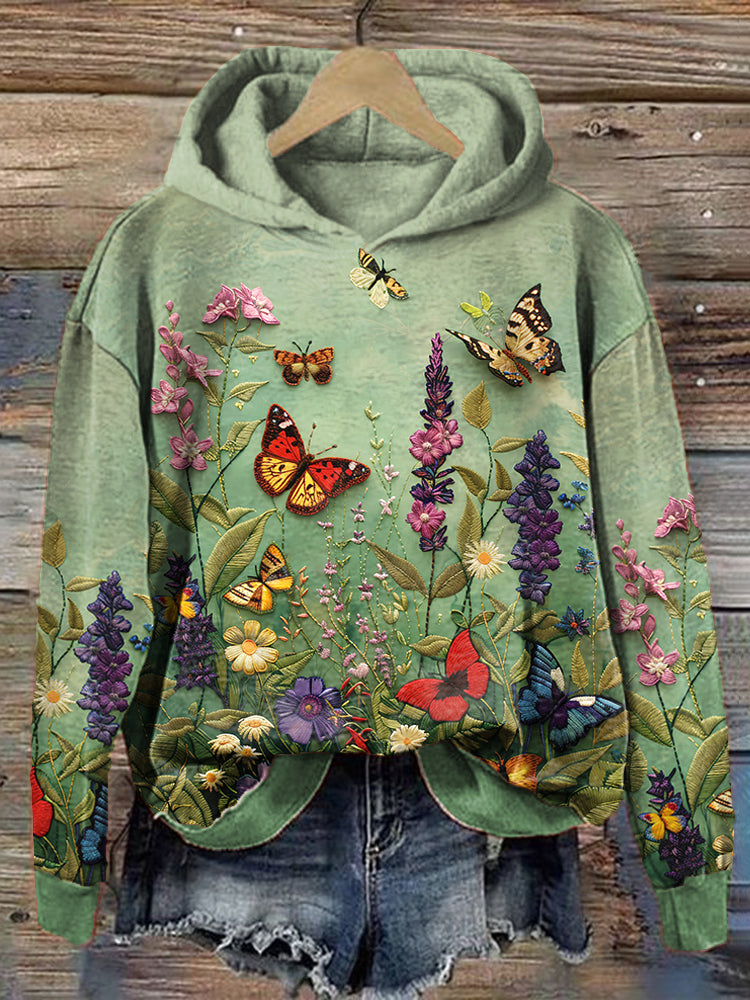 Comstylish Floral Butterfly Embroidery Pattern Cozy Hoodie