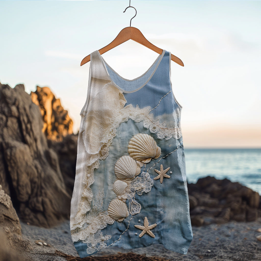 Vintage Starfish And Shell Ocean Inspired Cozy Linen Tank Top artswardrobe