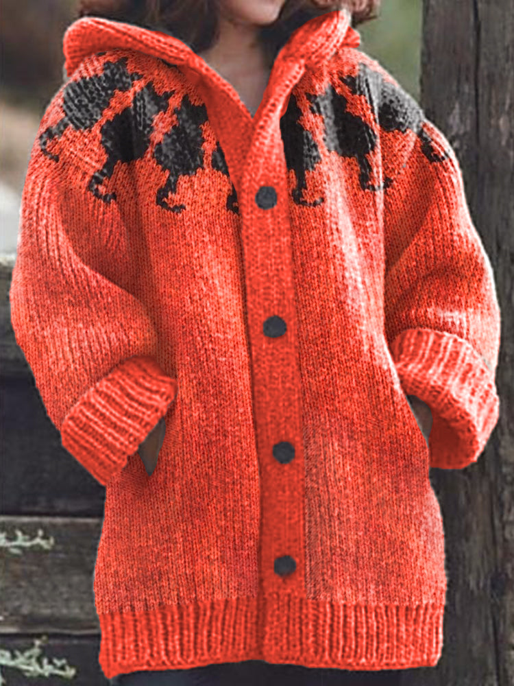 Black Cat Pattern Cozy Knit Hooded Cardigan artswardrobe