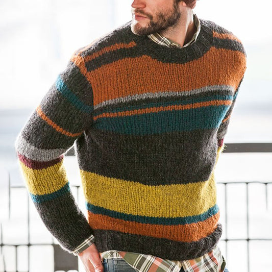 Dark Gray Striped Crew Neck Casual Men's Sweater elevenforest