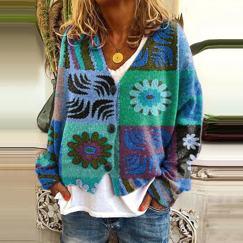 Vintage Printed V-Neck Long Sleeved Knitted Cardigan artswardrobe
