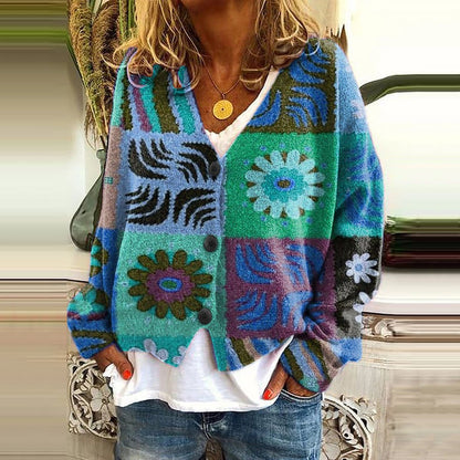 Vintage Printed V-Neck Long Sleeved Knitted Cardigan elevenforest