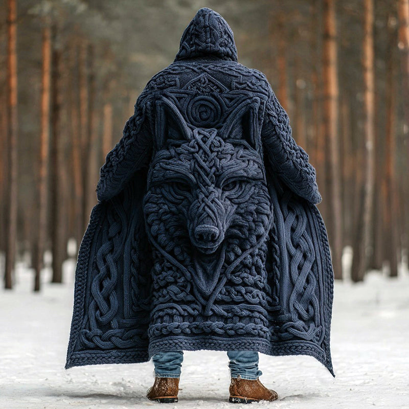 Men's Viking Wolf Celtic Knot Art Pocket Mid-length Cardigan Sweater artswardrobe