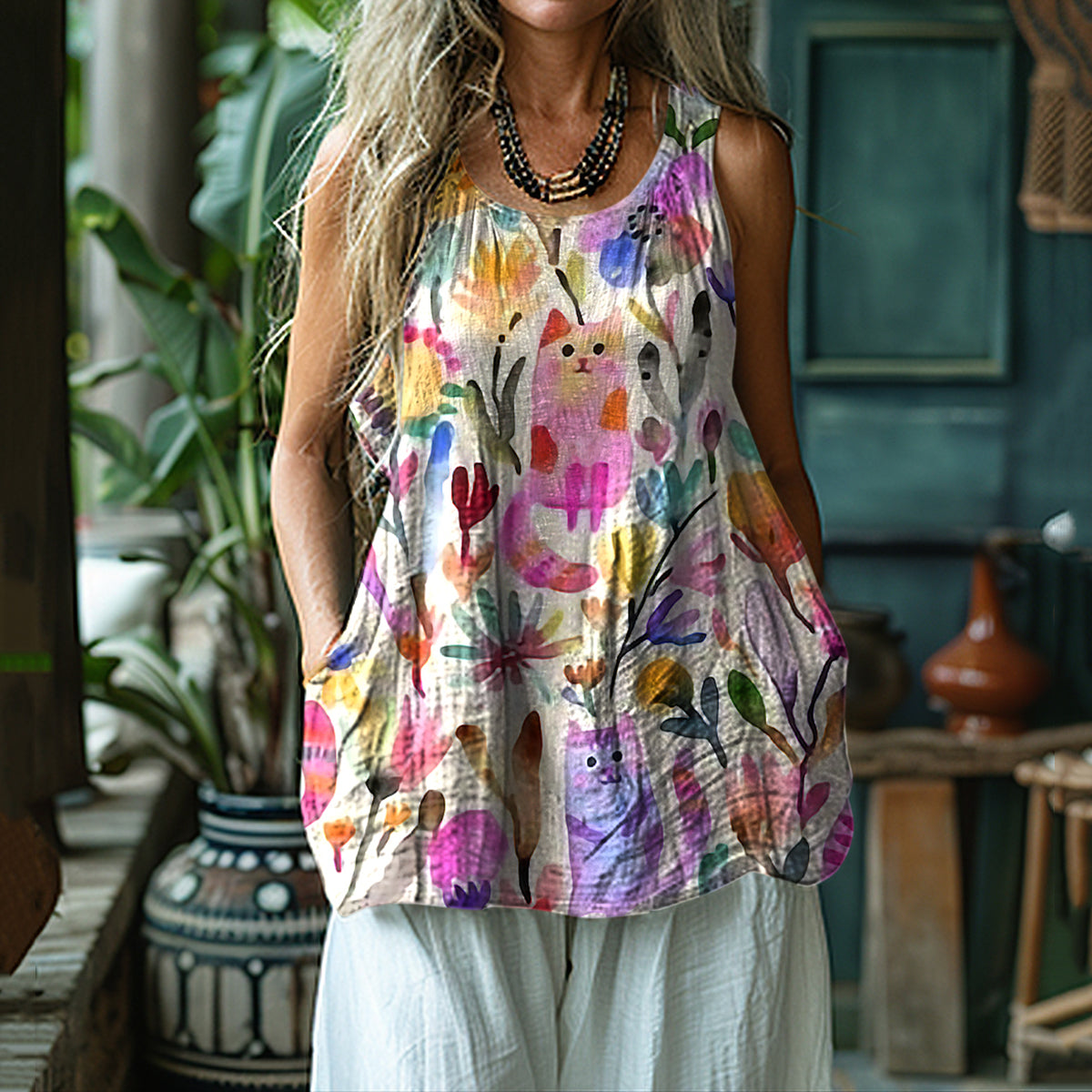 Women's Colorful Floral And Cat Art Vest elevenforest