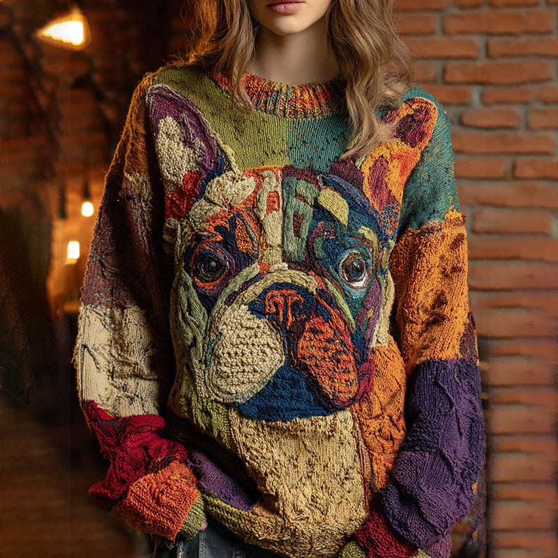 Comstylish Vintage Classic Patchwork Lovely Cute Pug French Bulldog Inspired Cozy Knit Sweater