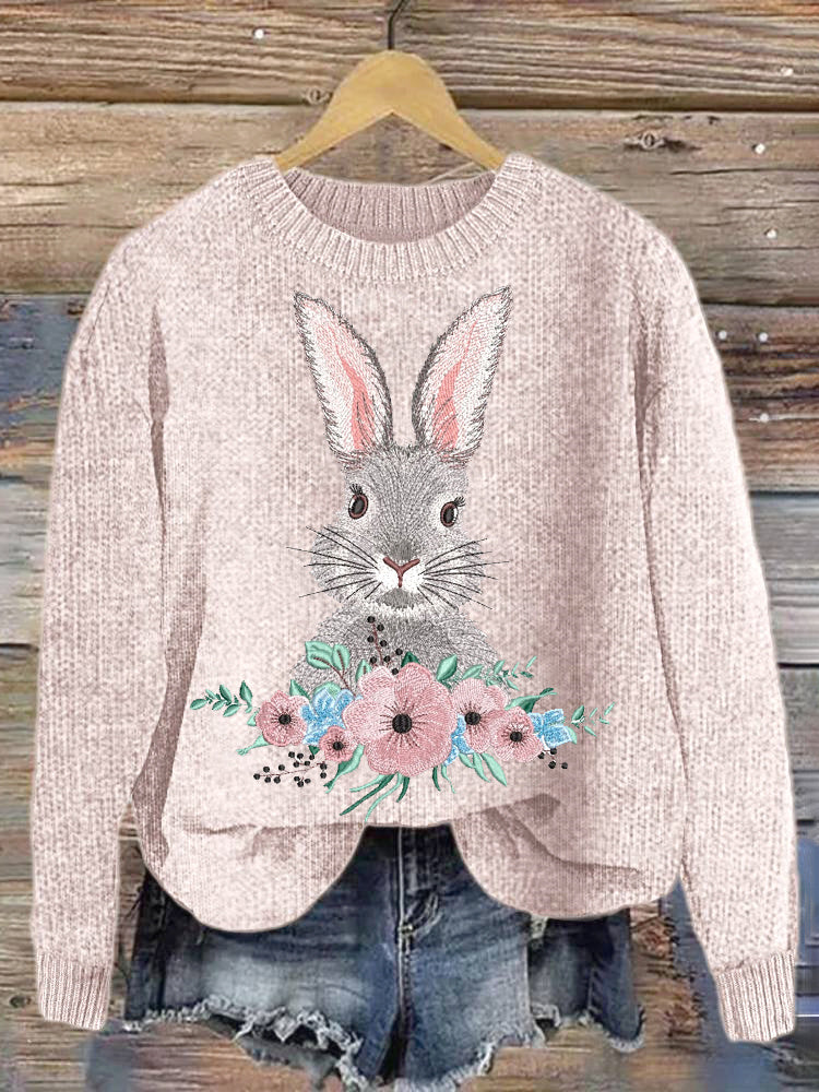 Bunny & Flower Embroidery Art Cozy knit Sweater artswardrobe