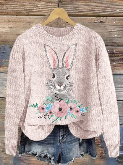 Bunny & Flower Embroidery Art Cozy knit Sweater artswardrobe