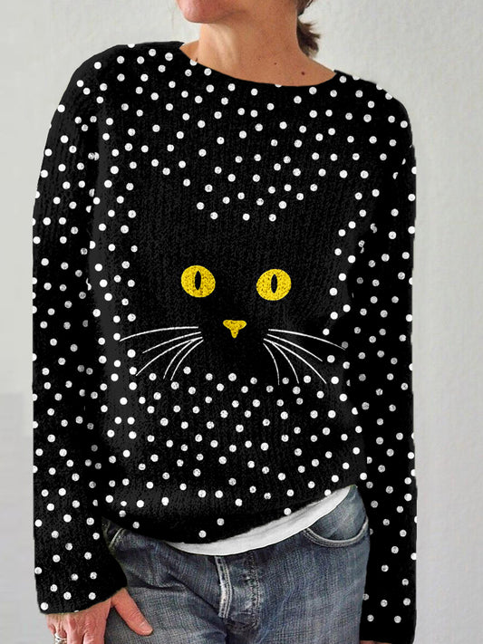 Vintage Black Cat Face Pattern Polka Dots Cozy Sweater elevenforest