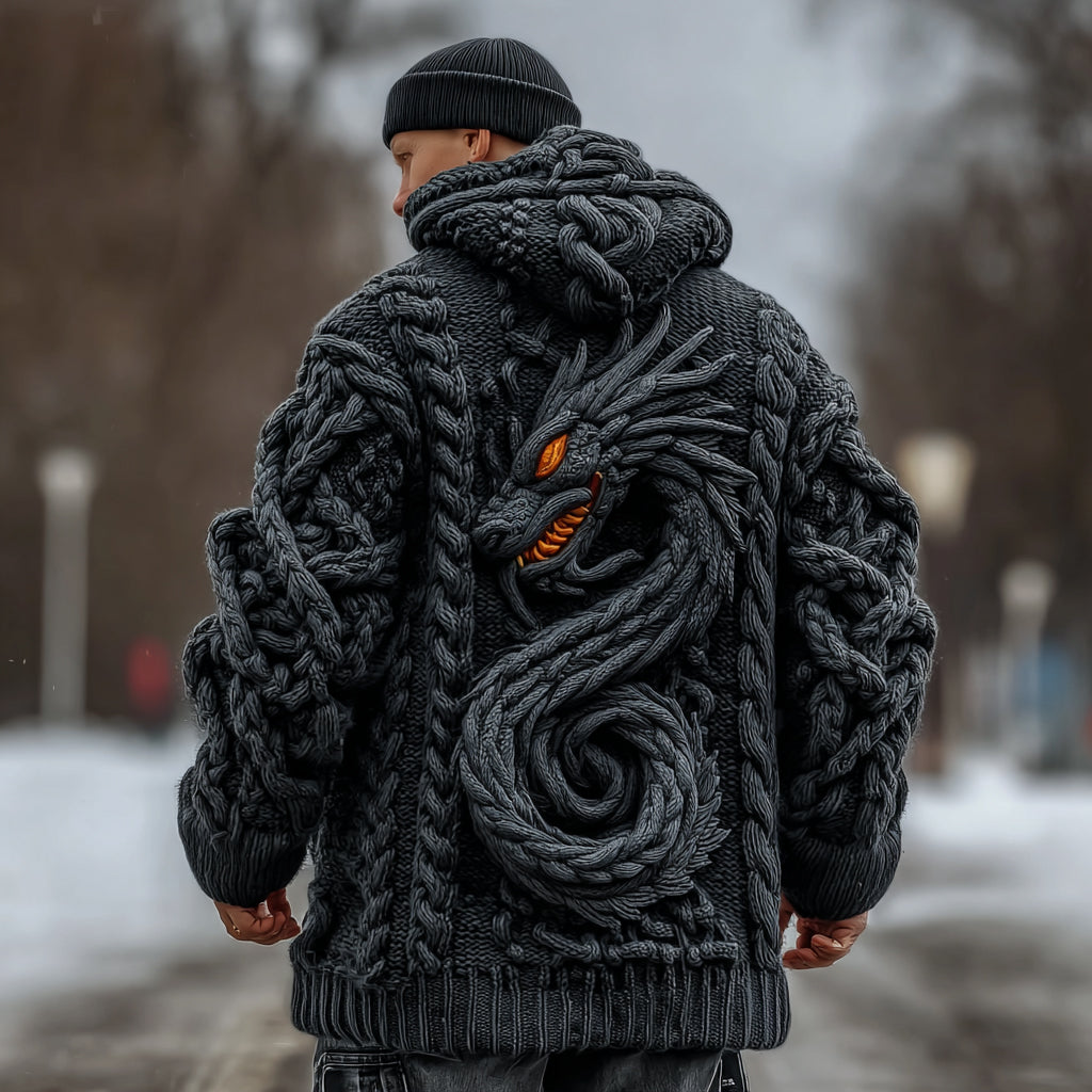 Men's Viking Celtic Dragon Knit Long Zip Hooded Sweater artswardrobe