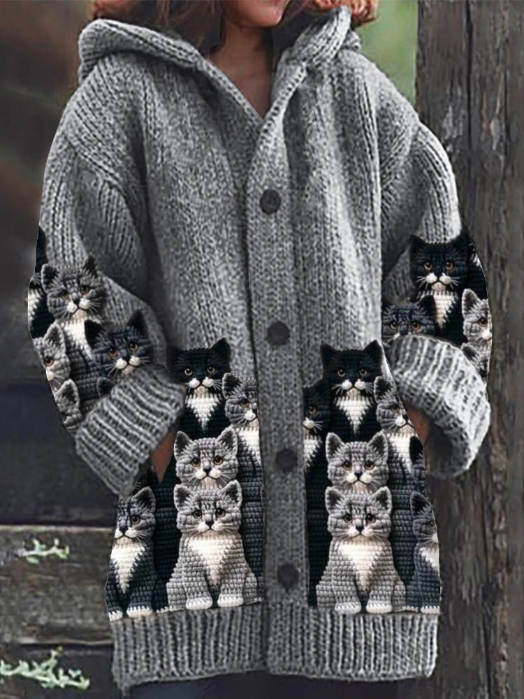 Comstylish Crowded Cats Crochet Art Cozy Knit Hooded Cardigan