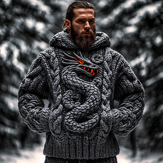 Men's Dragon Viking Celtic Chunky Knit Hooded Sweater artswardrobe